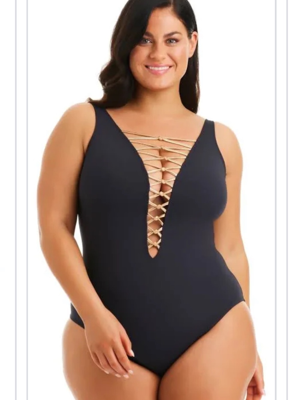 Bleu Rod Beattie Black One-Piece with Gold Lace-Up Plunge